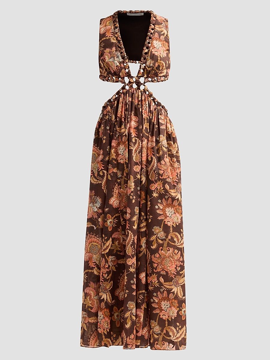 Women's Aster Floral Cut Out Midi Dress - Chocolate Jacobean - Size 10