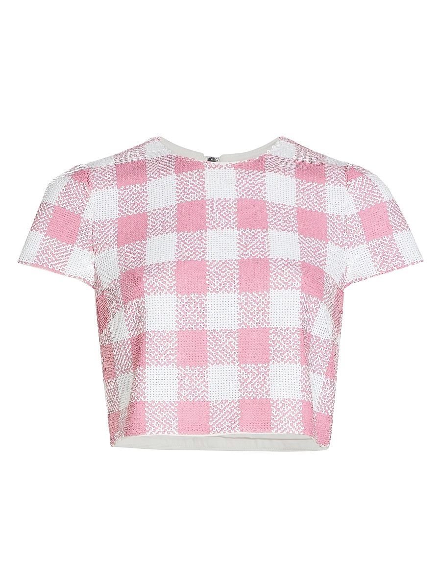 Women's Elena Sequined Check Crop Top - Pink Ivory - Size 10