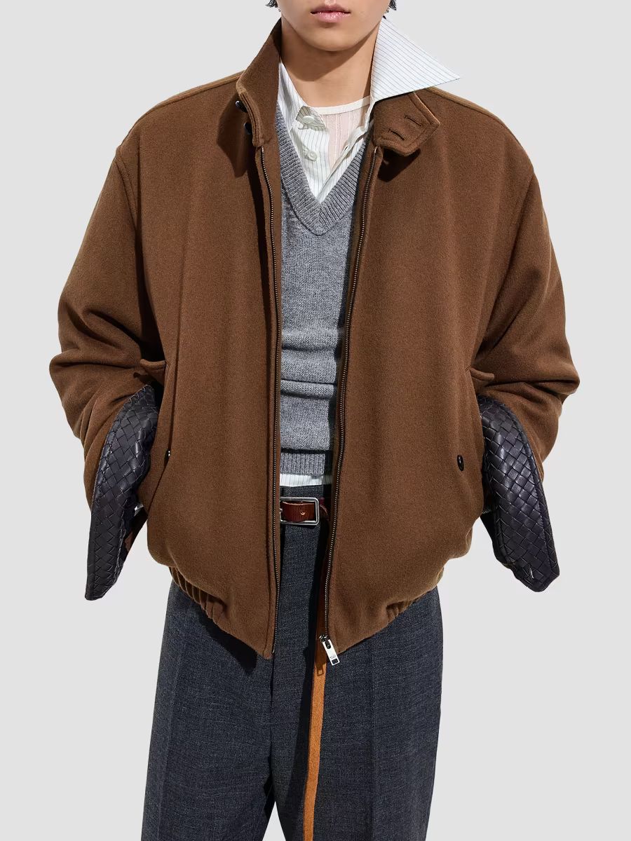 Bottega Veneta Men's Intrecciato-Cuff Brushed Wool-Cashmere Blouson Jacket - Sepia Brown - Size 44