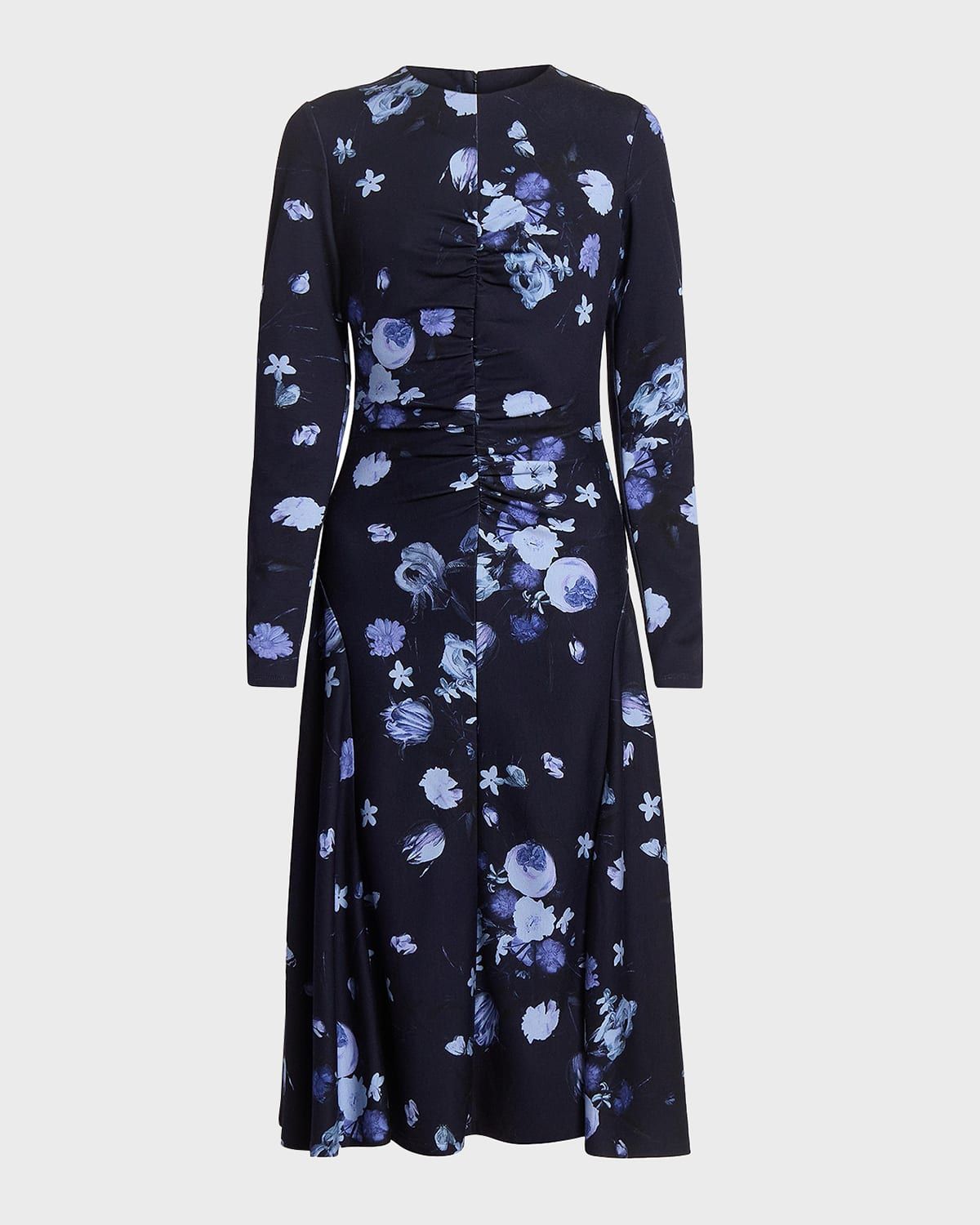 Floral Gathered Long-Sleeve Midi Dress
