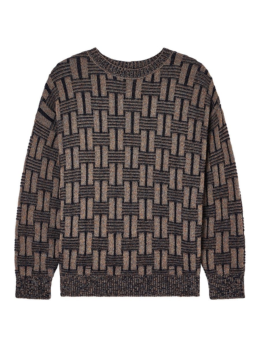 Men's Geometric Camel Wool Crewneck Sweater - Fancy Blue - Size 42