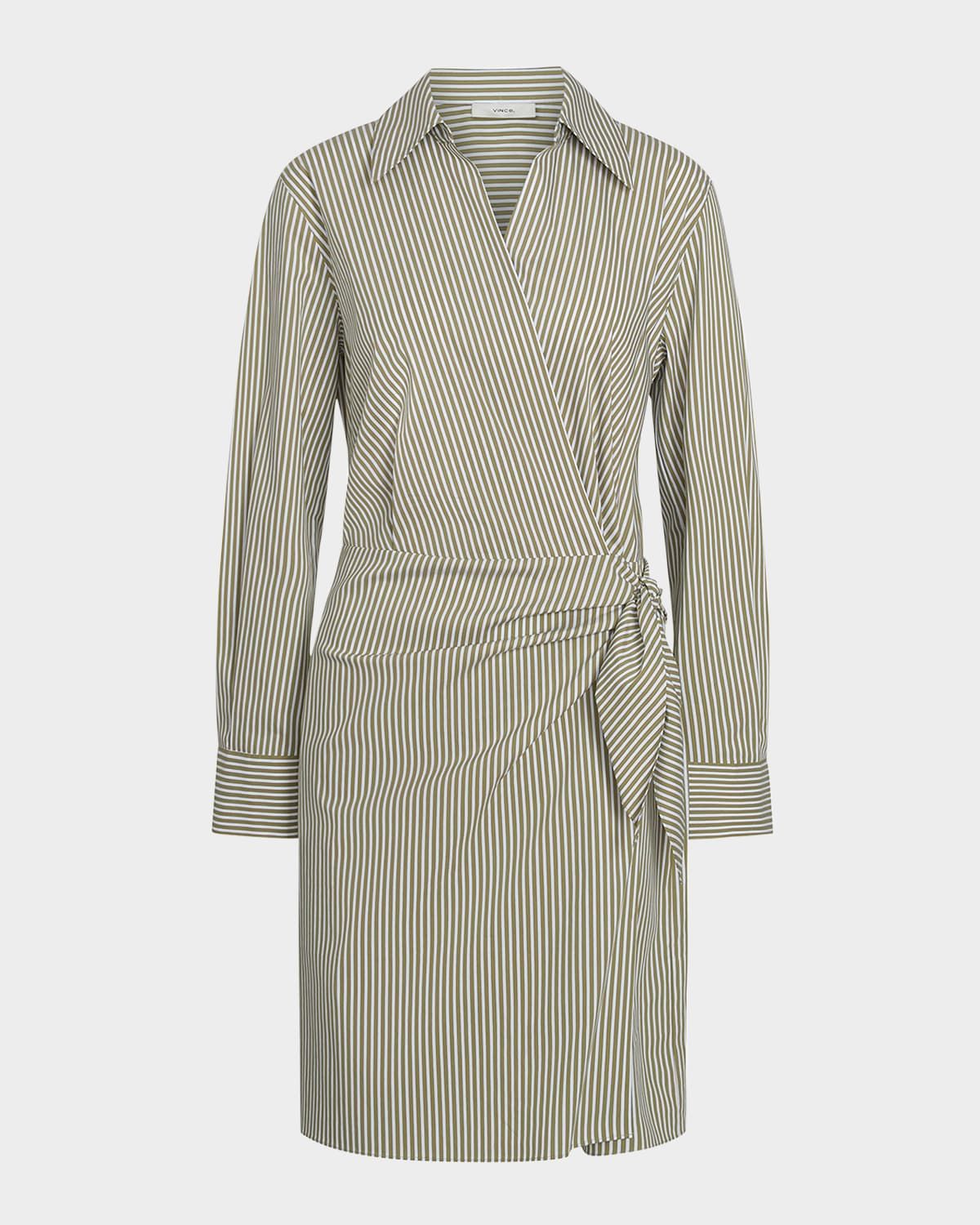 Furrow-Stripe Long-Sleeve Wrap Dress