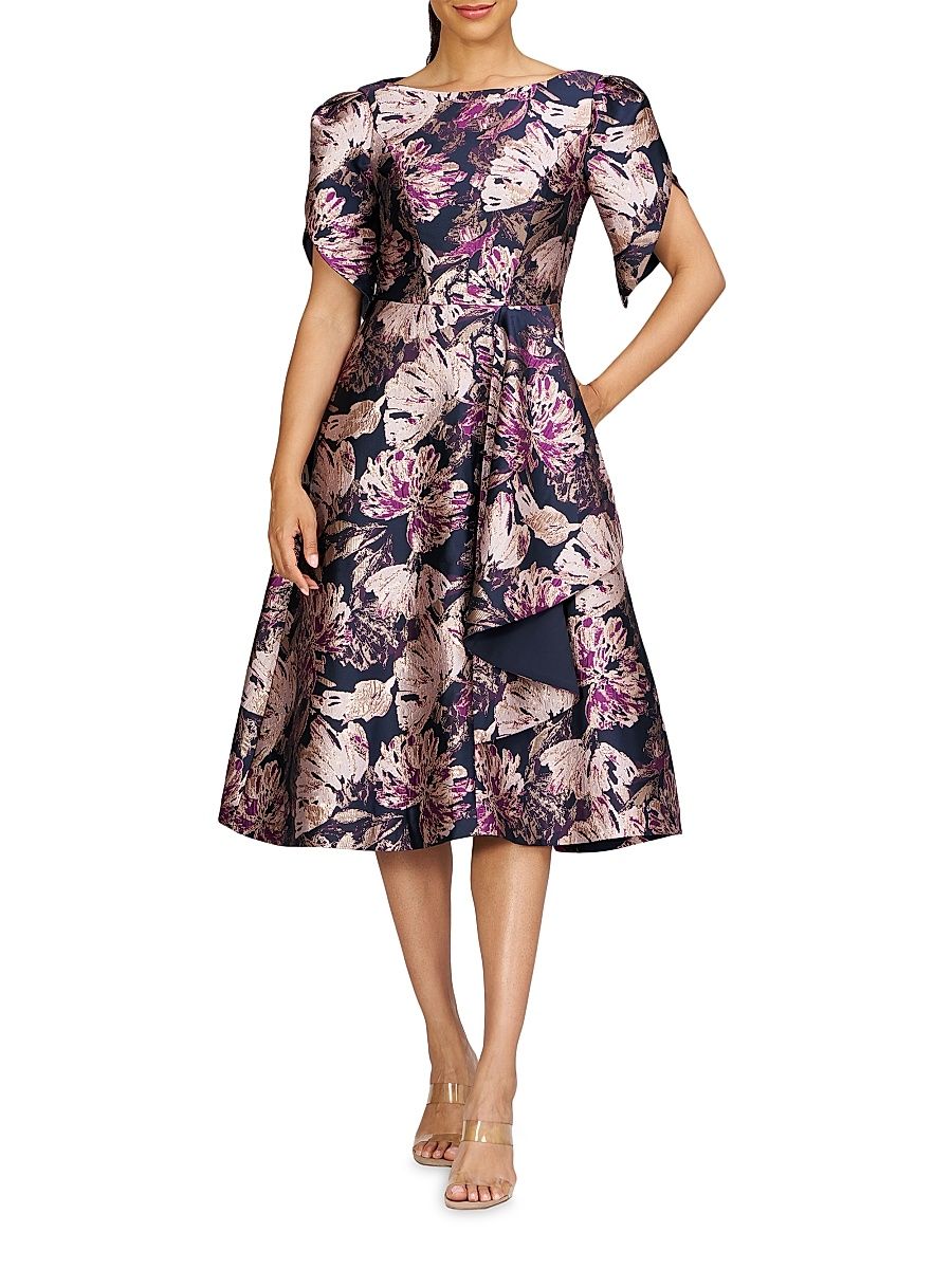 Women's Natasha Floral Metallic Jacquard Short-Sleeve Midi-Dress - French Navy - Size 8