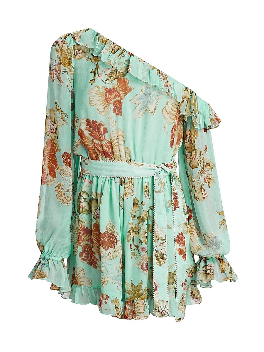 Women's Rohi Floral Ruffled One-Shoulder Minidress - Turquoise Mix - Size XL