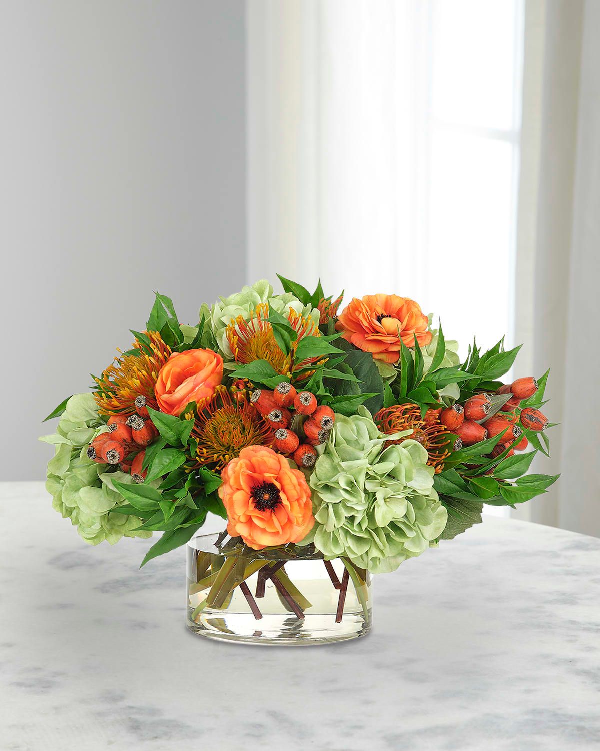 Faux Protea Hydrangea In Glass Vase, 15"T