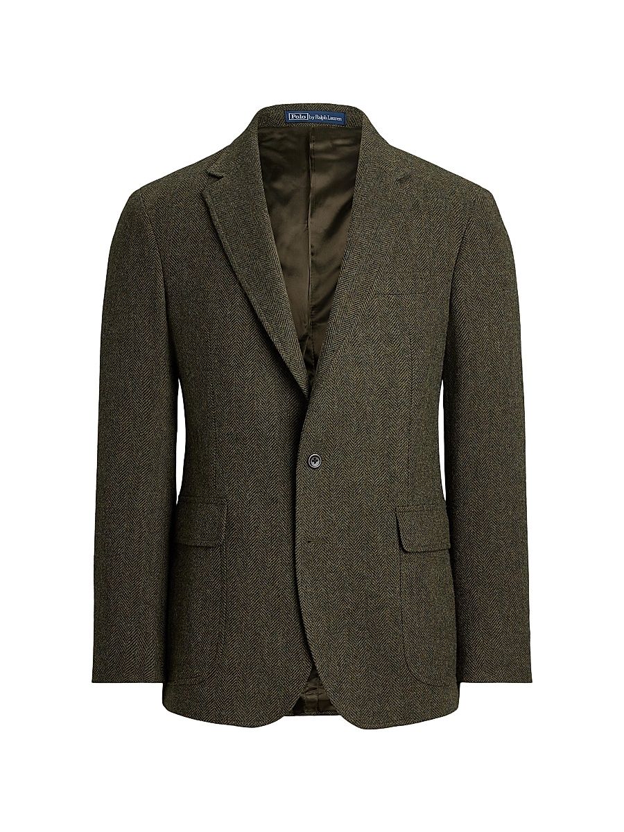 Men's Herringbone Wool-Cotton Single-Breasted Blazer - Loden Multi - Size 46