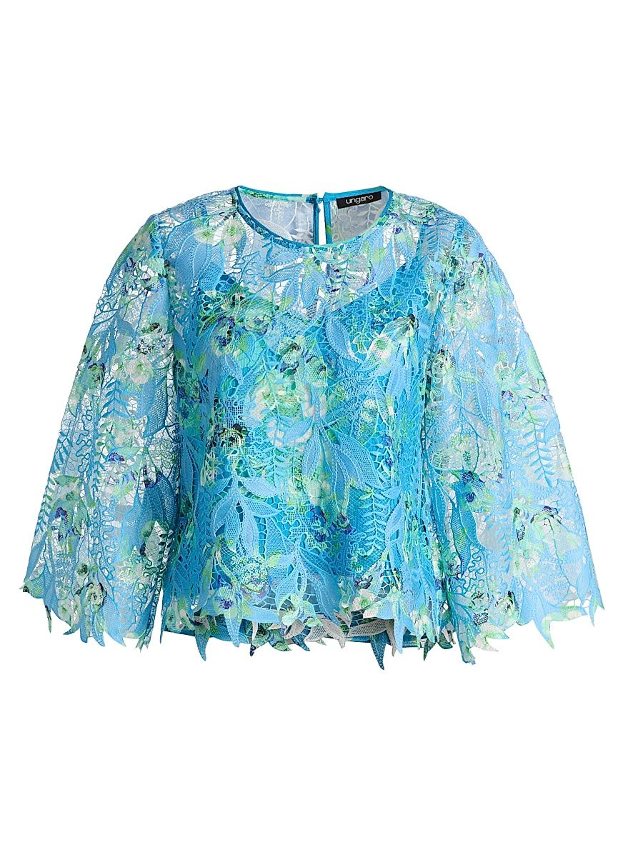 Women's Parker Printed Lace Blouse - Azure Multi - Size Large