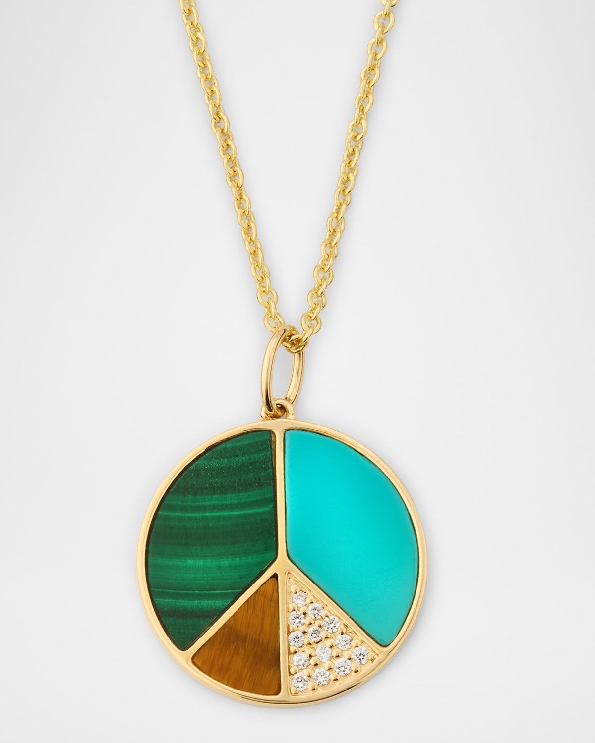 14K Yellow Gold Mosaic Peace Charm Necklace with Diamonds