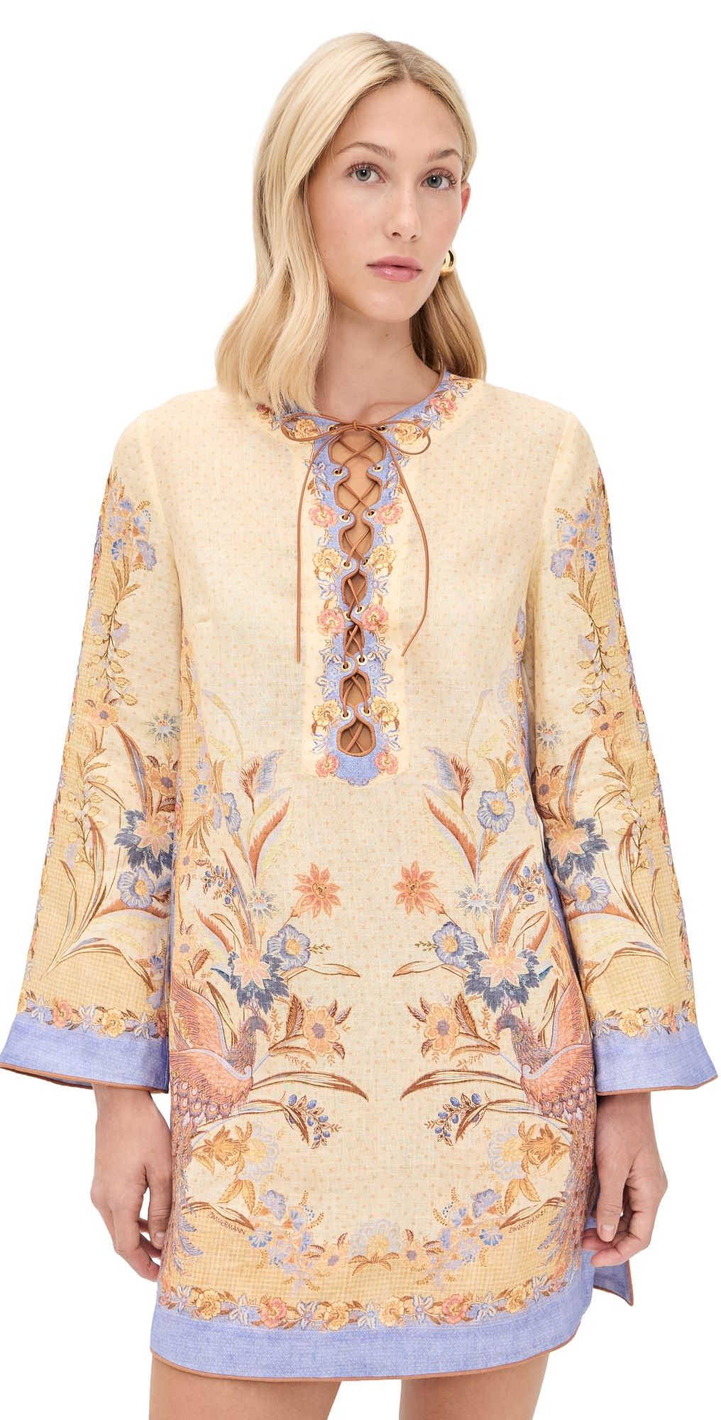 Zimmermann Indra Tunic Mini Dress Biscuit Scarf Floral 0