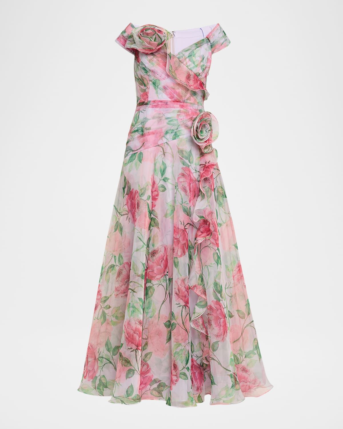 Pleated Off-Shoulder Floral-Print Organza Gown