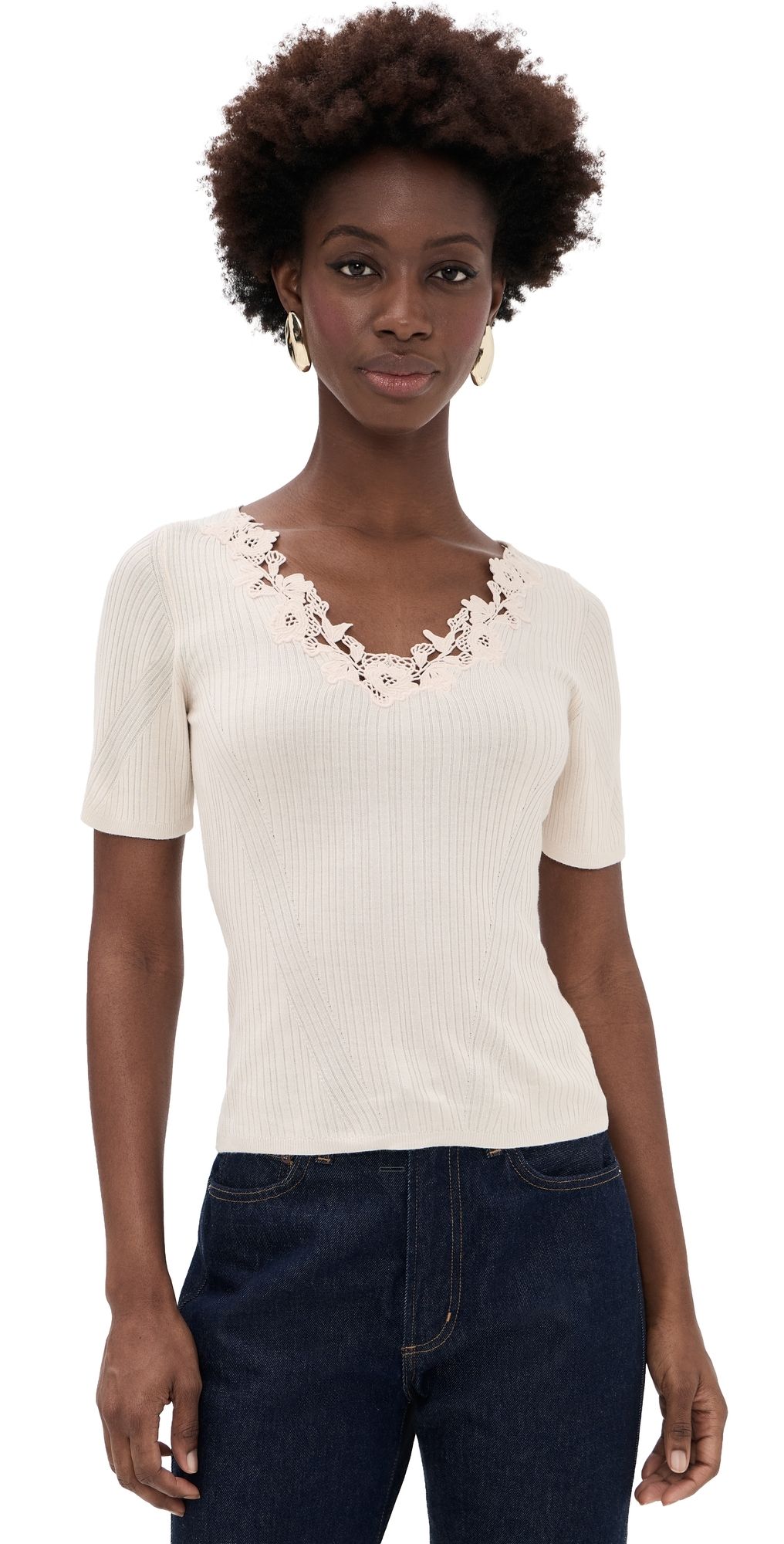 Ulla Johnson Celeste Short Sleeve Knit Top with Lace Pearled Ivory M