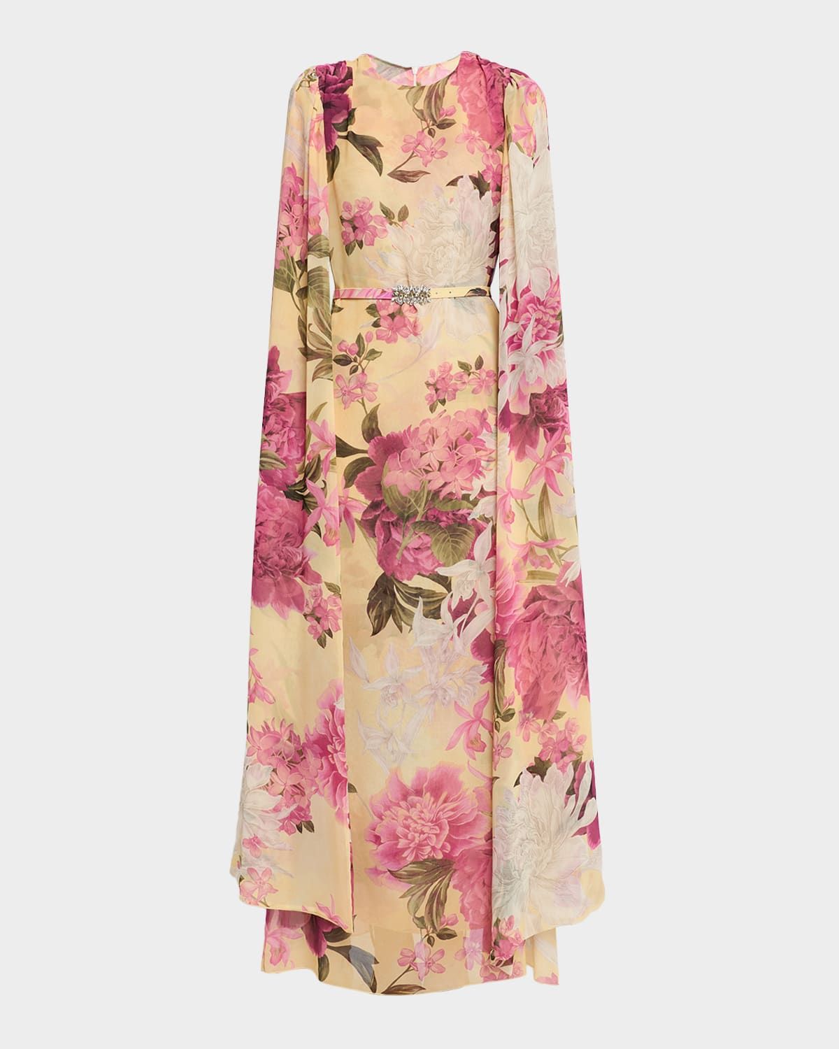 Senka Belted Cape-Sleeve Floral Gown