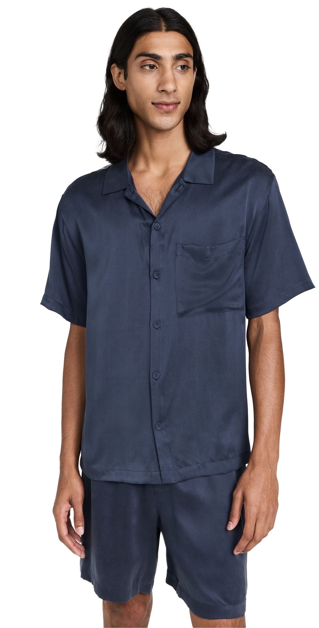 Lunya Washable Silk Button Up Short PJ Set Deep Blue M