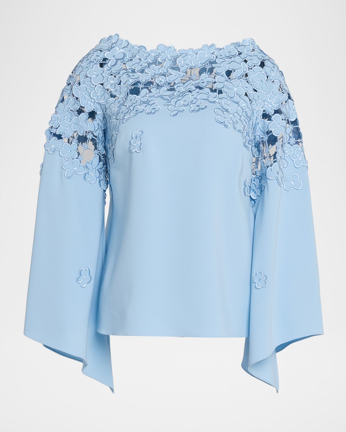 Floral Embroidered Stretch Silk Bell-Sleeve Blouse