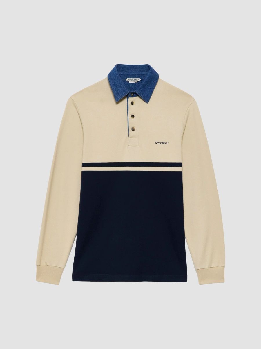 JW Anderson Men's Contrast Collar Polo Shirt - Off White Navy - Size XXL