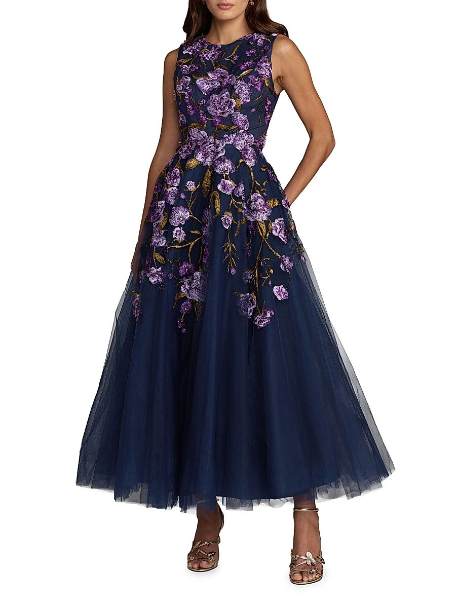 Women's Floral-Embroidered Tulle Tea-Length Cocktail Dress - Midnight Multi - Size 16