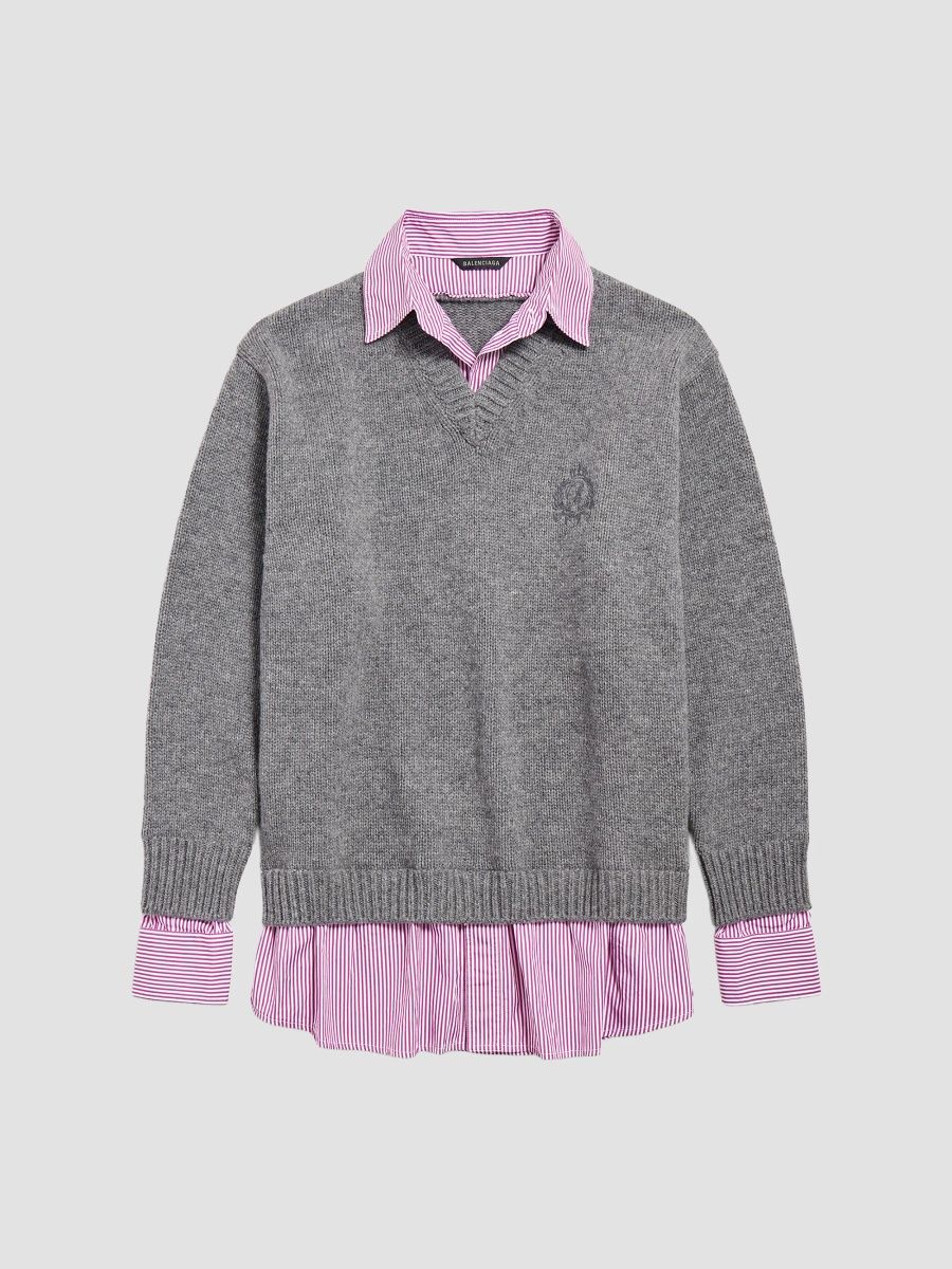Balenciaga Women's Layered Shirt V-Neck Sweater - Grey Multi - Size XS