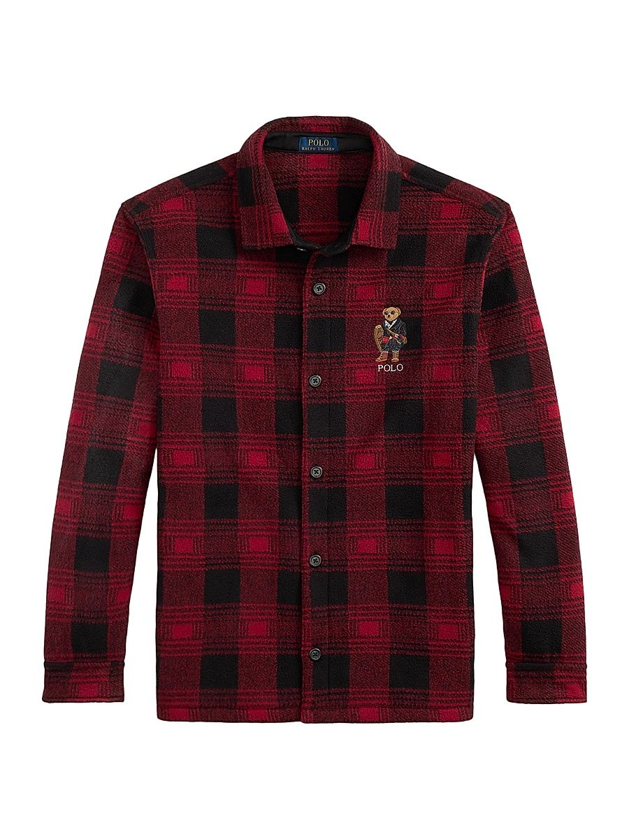 Men's Polo Bear Plaid Fleece Shirt Jacket - Red - Size XL