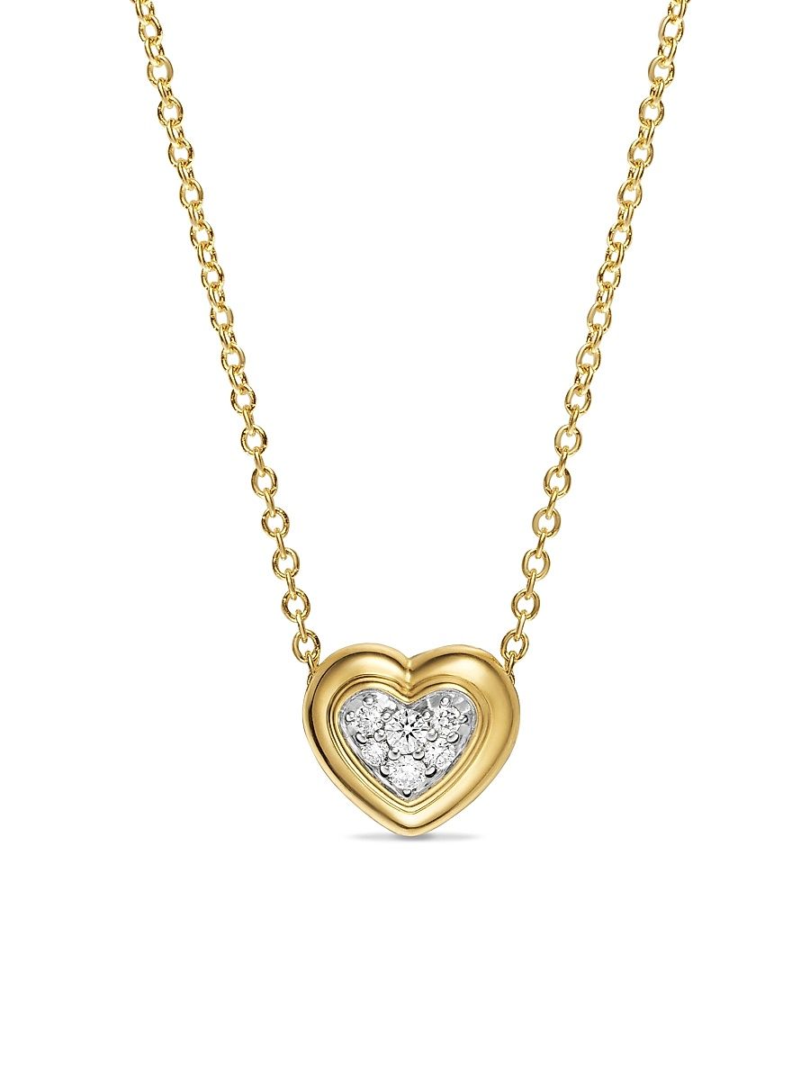 Women's Puffy Heart Pendant Necklace in 18K Yellow Gold with Diamonds, 7.8 MM - Diamond - Size 17