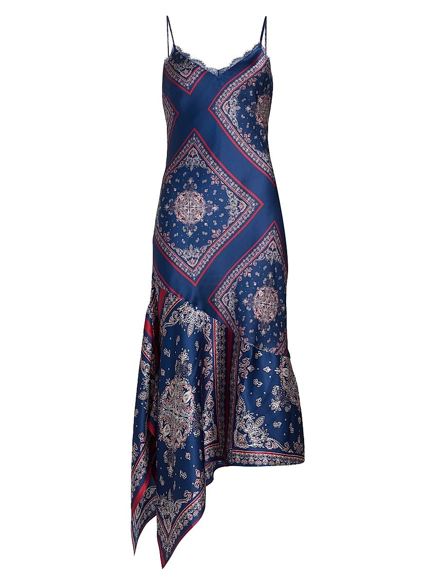 Women's Becky Printed Lace-Trimmed Silk Midi-Dress - Mariners Bandana - Size Large