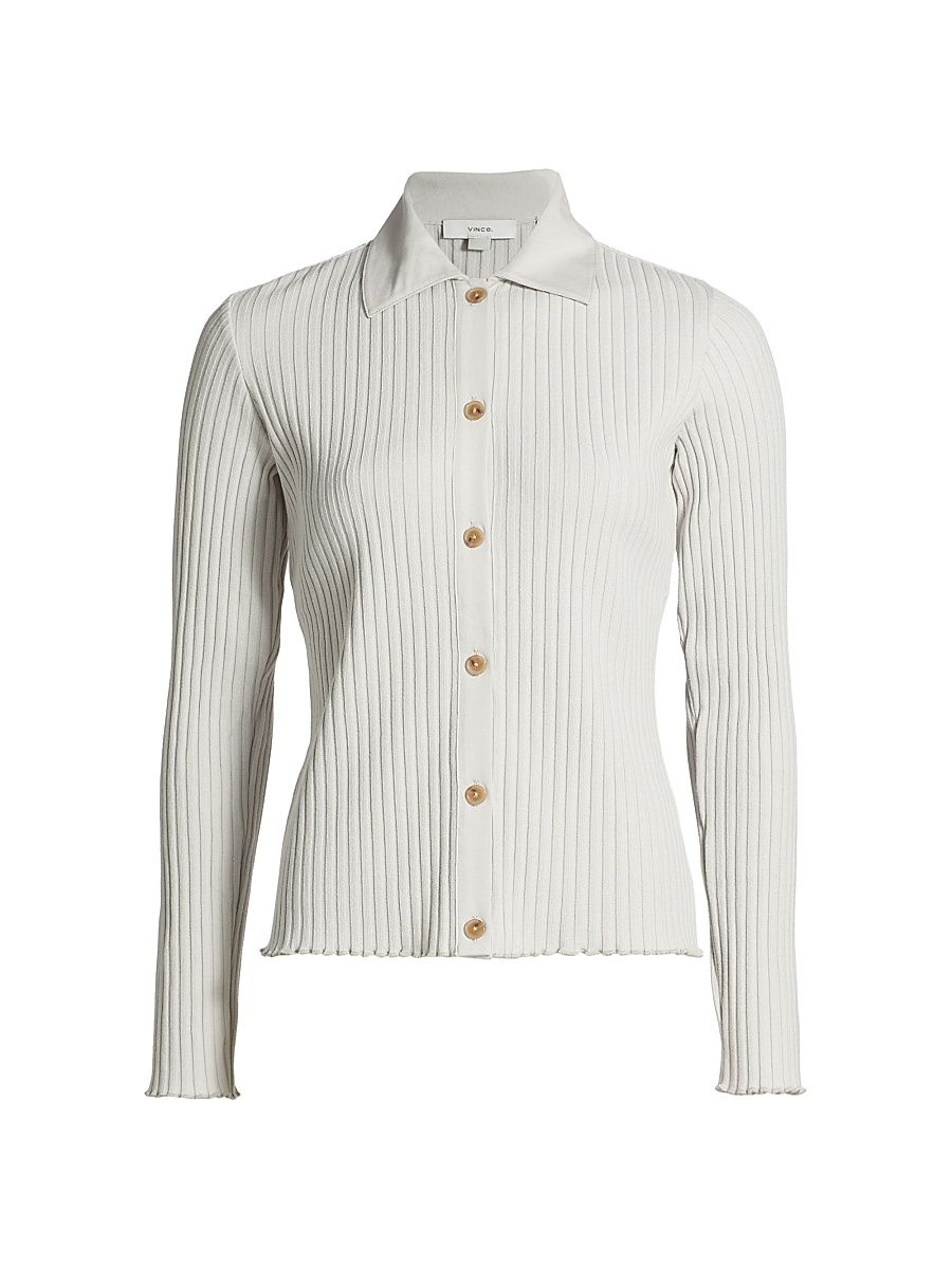 Women's Cotton-Blend Rib-Knit Polo Shirt - Salt Glass - Size XXS
