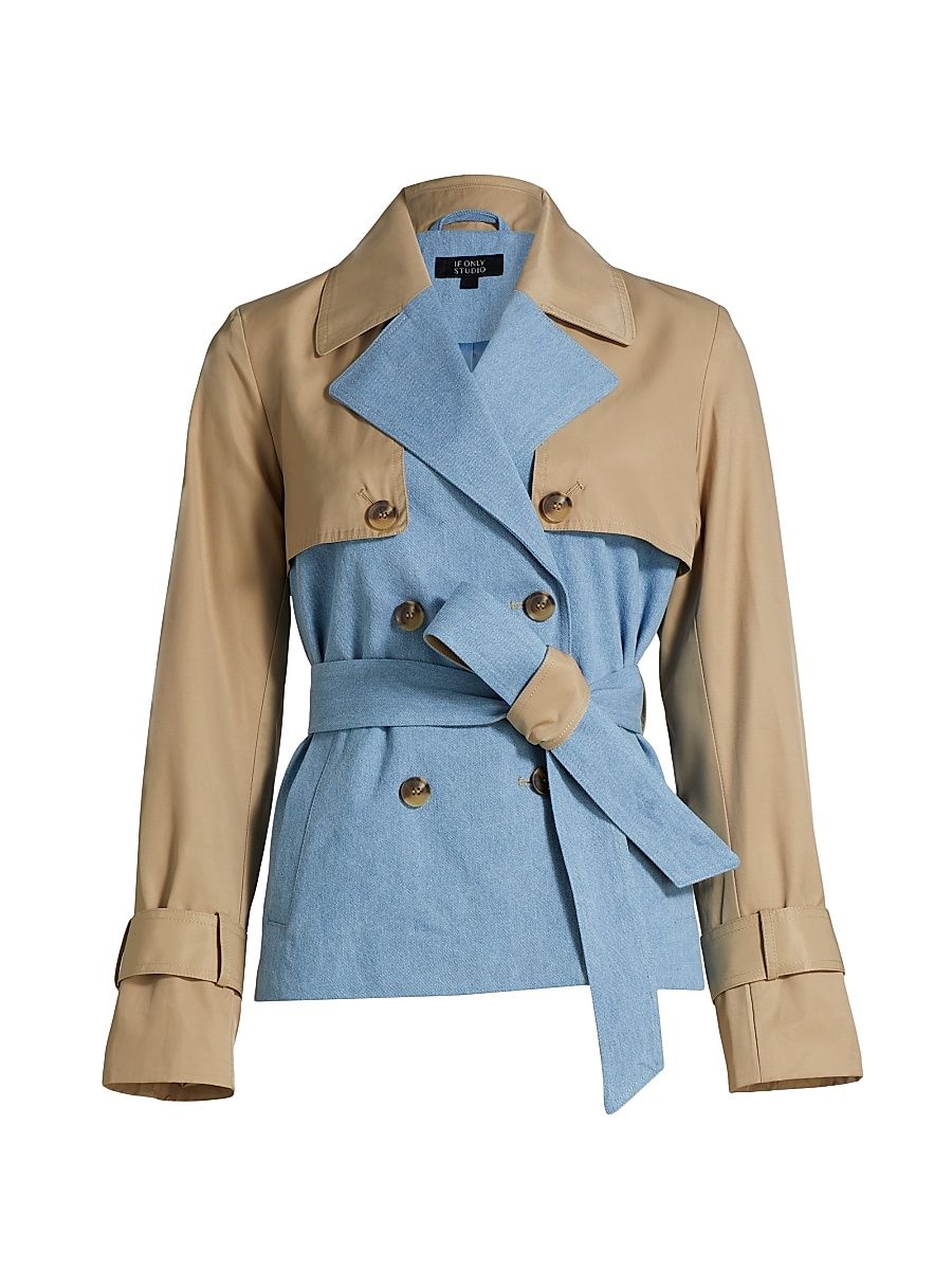 Women's Mixed Media Crop Trench Coat - Khaki Denim - Size Large