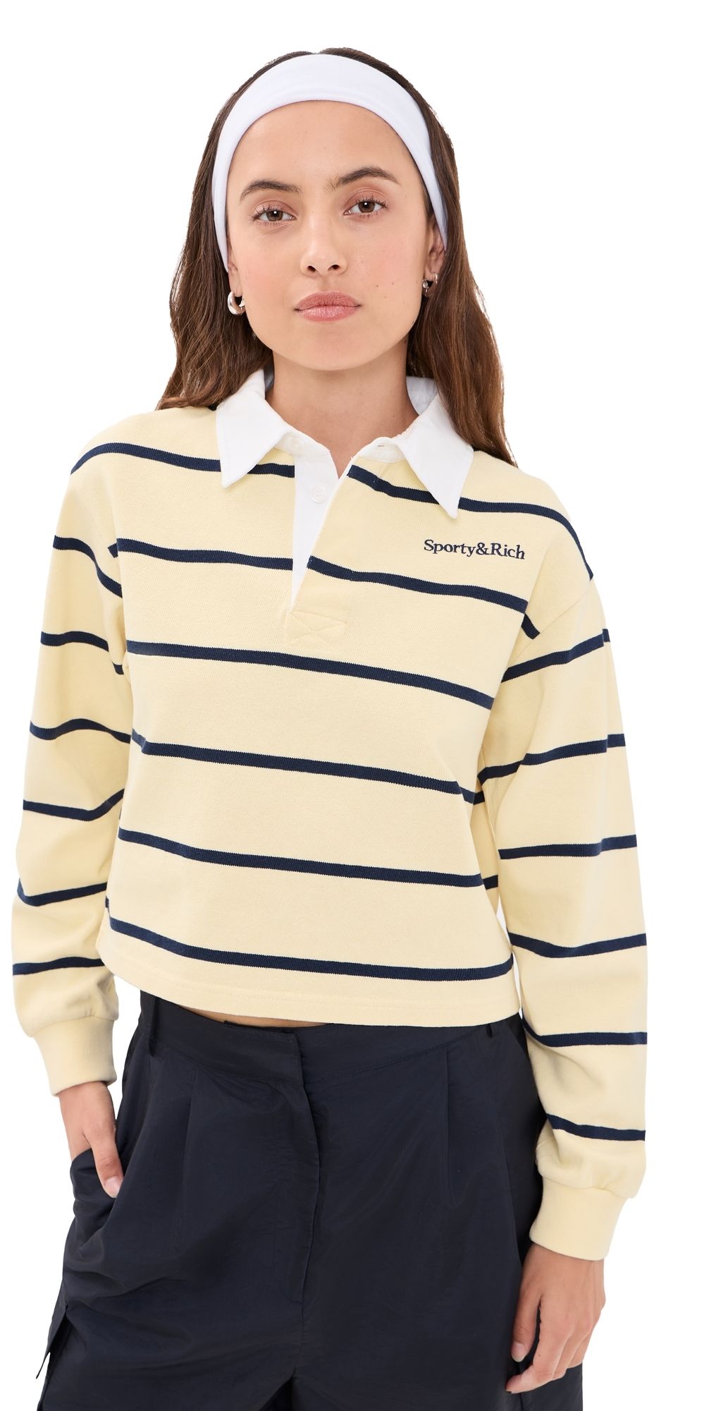 Sporty & Rich Serif Logo Rugby Polo Top Almond/Navy M