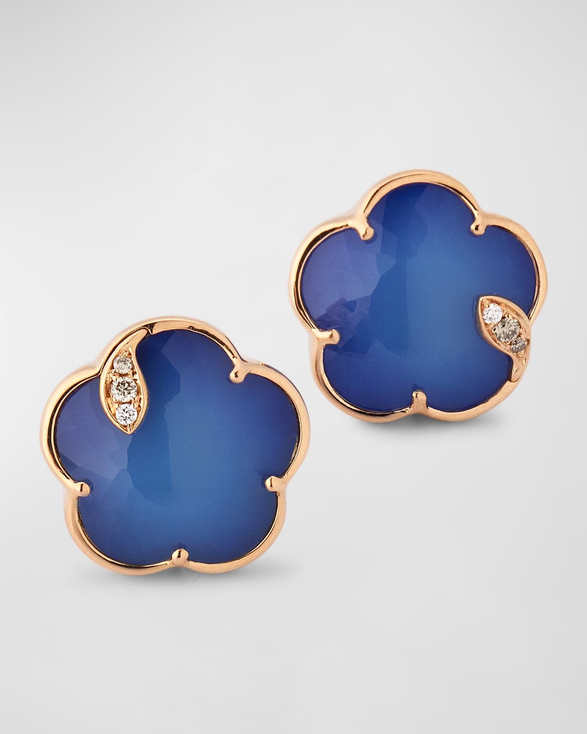 18k Rose Gold Lapis/White Agate Doublet Floral Stud Earrings with Diamonds