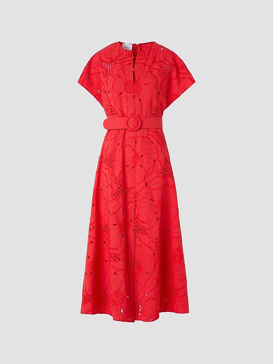 Women's Eyelet Embroidered Cotton Midi Dress - Red - Size 16