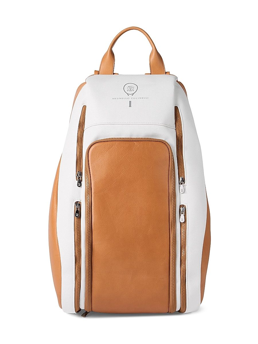 Men's Leather And Techno Fabric Padel Backpack - Natural Brown