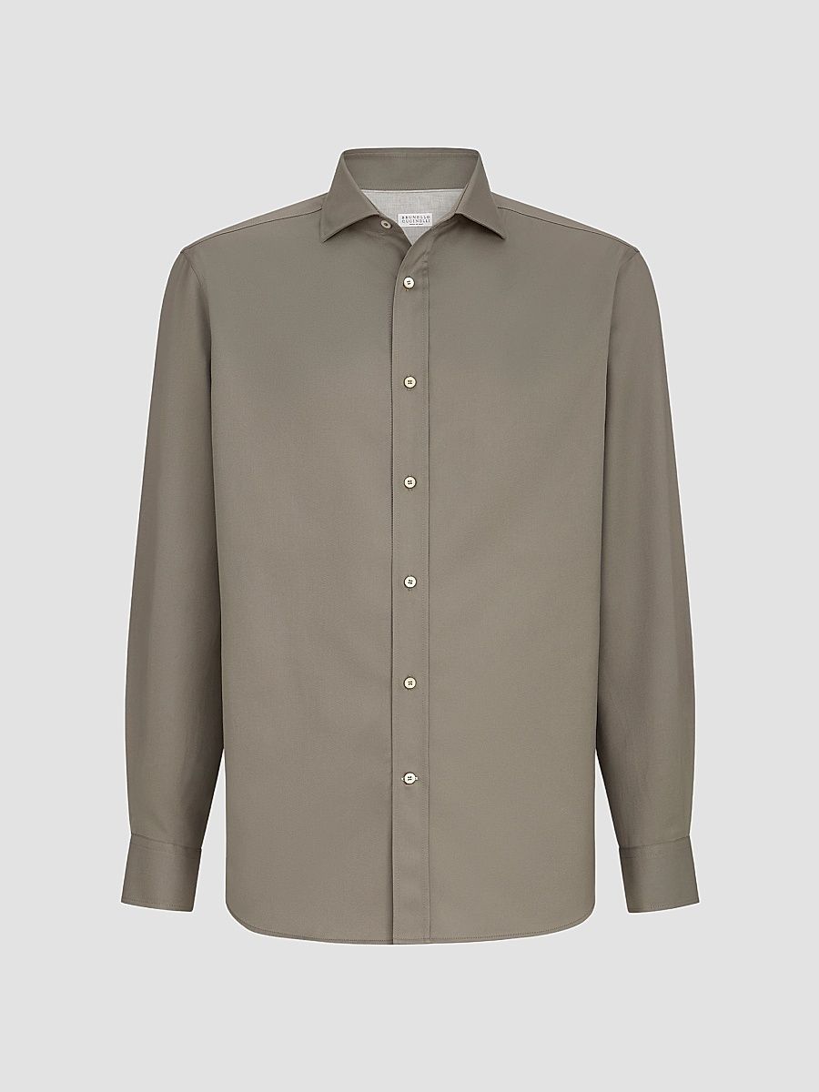 Brunello Cucinelli Men's Garment-Dyed Twill Shirt with Spread Collar - Khaki - Size XXXL