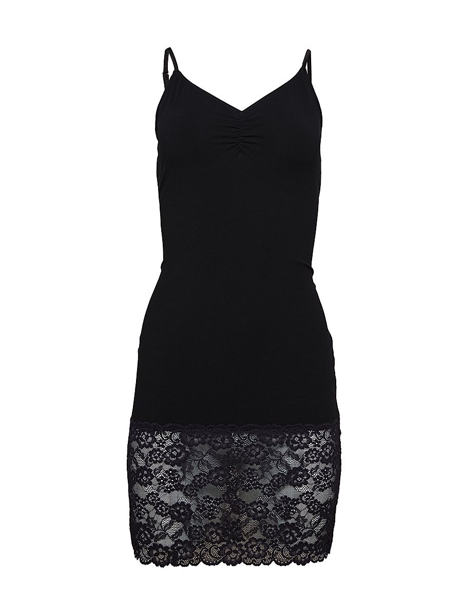 Women's Lace-Trimmed Stretch Cotton Slipdress - Black - Size XL