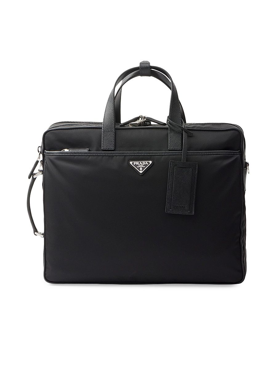 Men's Re-Nylon and Saffiano Leather Briefcase - Black