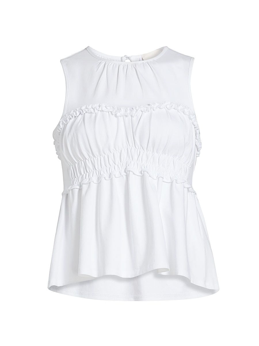 Women's Pania Ruffle Stretch-Cotton Crewneck Top - White - Size Large