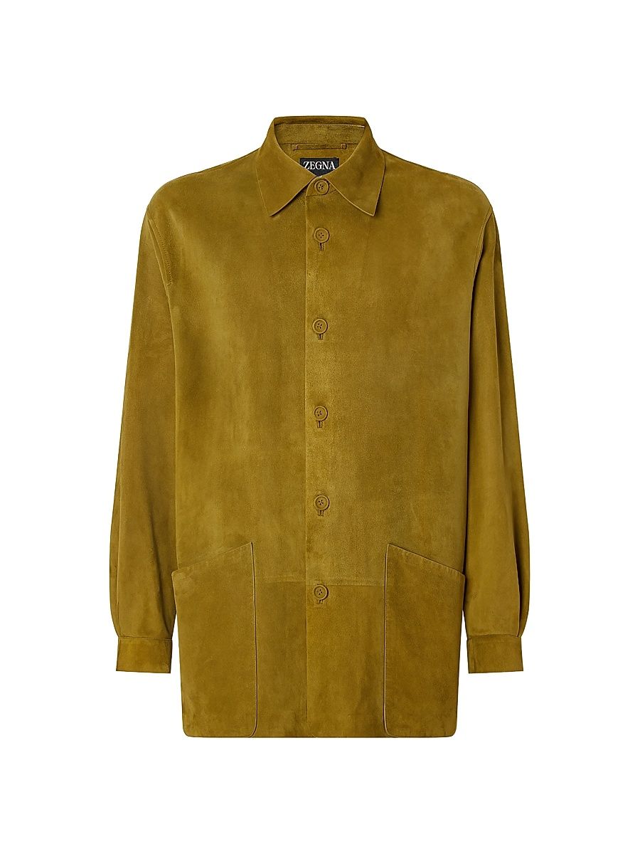 Men's Leather Overshirt - Olive Green - Size 44