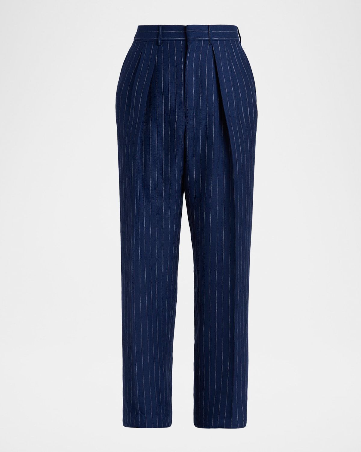 Pinstripe Wool-Linen Mid-Rise Straight-Leg Pants