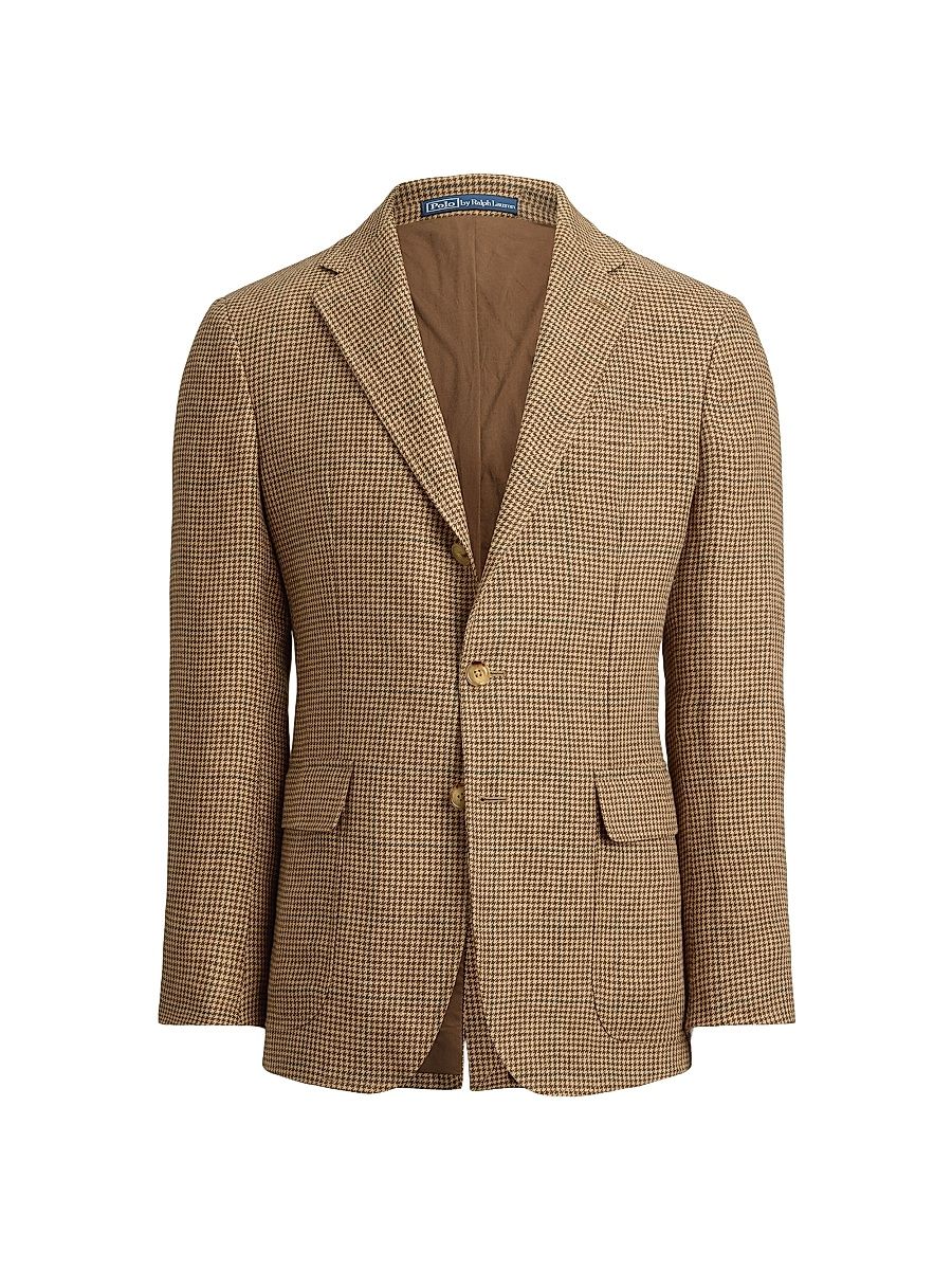 Men's Houndstooth Overcheck Linen Blazer - Tan Brown - Size 42
