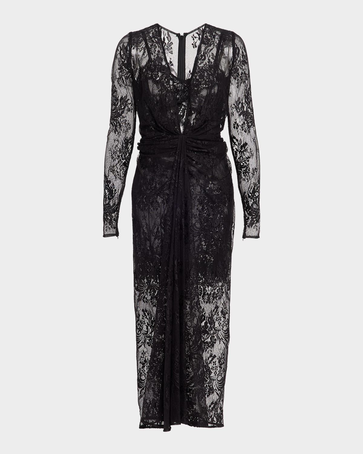 Plunging Twisted Chantilly Lace Long-Sleeve Midi Dress