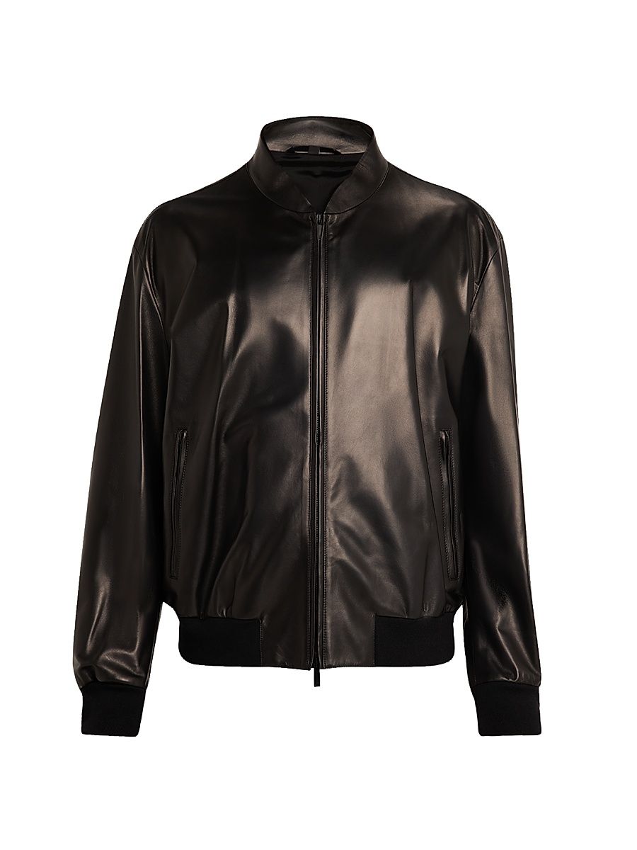 Men's Leather Full-Zip Bomber Jacket - Black - Size 44