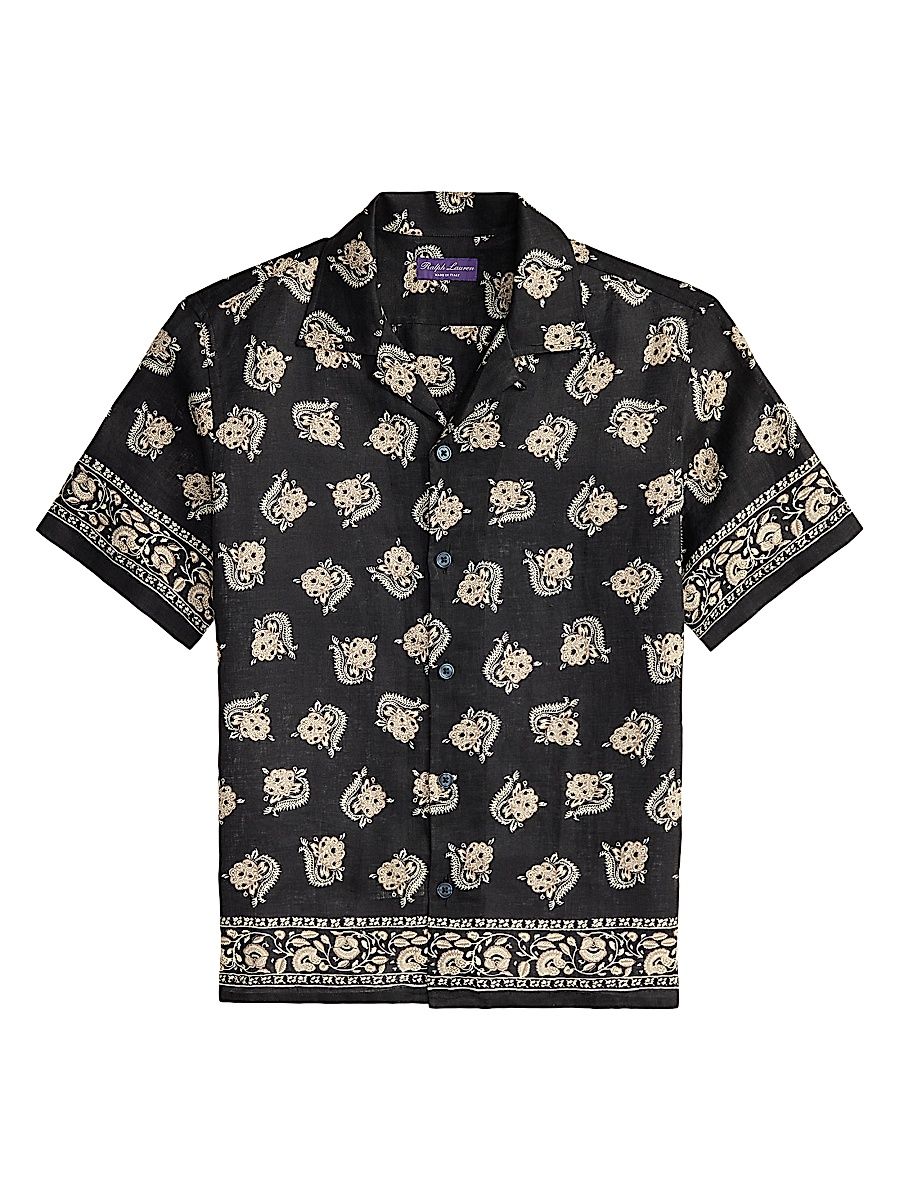 Men's Paisley-Print Linen Camp Shirt - Balchier Border Paisley - Size XXL