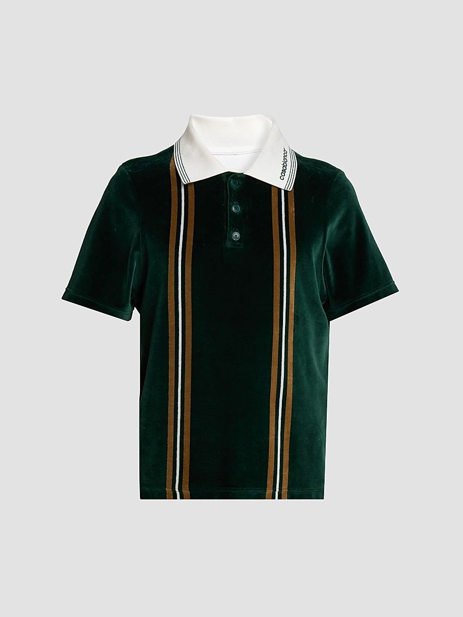 Casablanca Men's Velour Striped Polo Shirt - Green - Size XXL