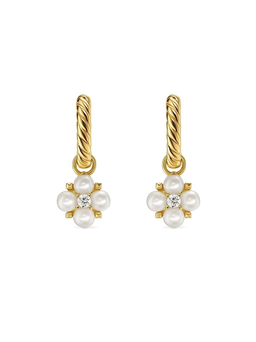 Women's Petite Modern Renaissance Pearl Drop Earrings in 18K Yellow Gold with Diamonds, 18MM - Akoya White Pearl