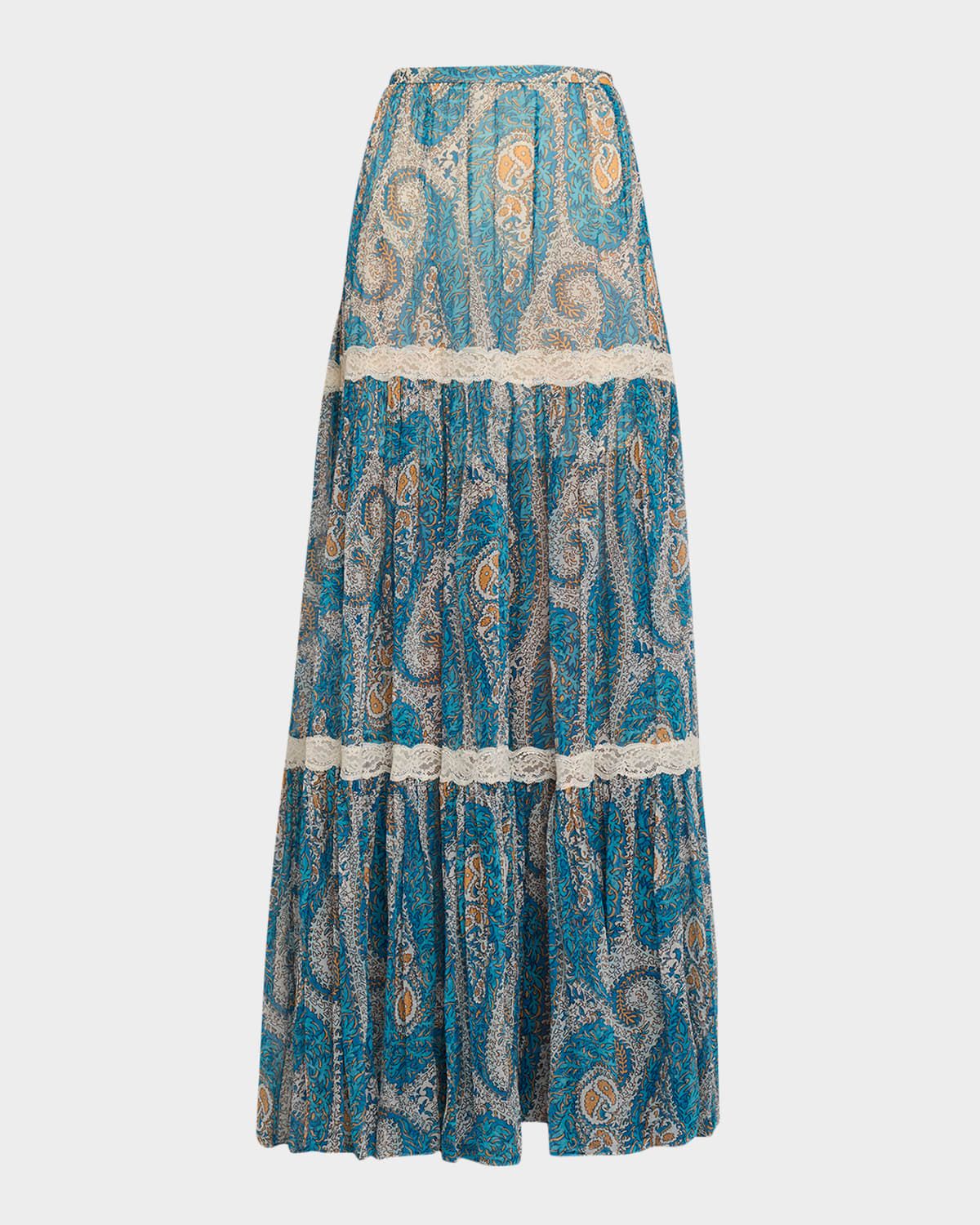 Lace-Trimmed Paisley Maxi Skirt