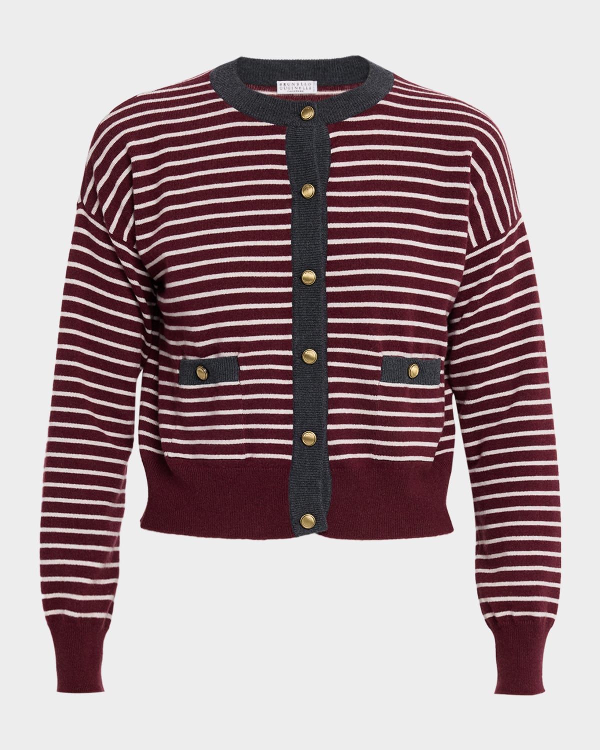 Striped Wool-Cashmere Crewneck Cardigan