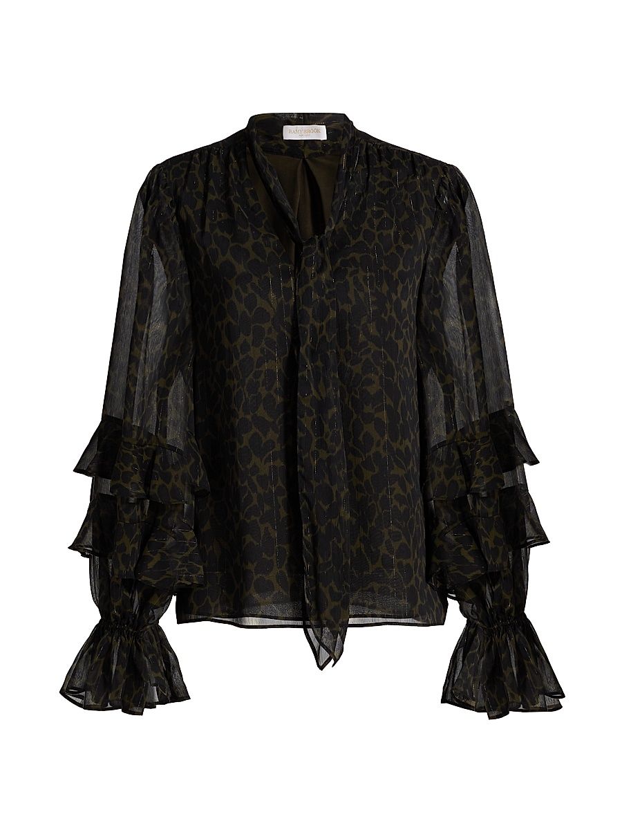 Women's Foliage Bonnie Leopard Print Ruffle Blouse - Black Deep Olive Foliage - Size Large