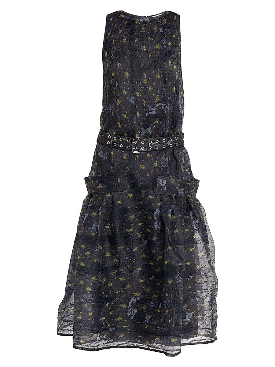 Women's Shibori Organza Belted Midi-Dress - Black Sand - Size 14