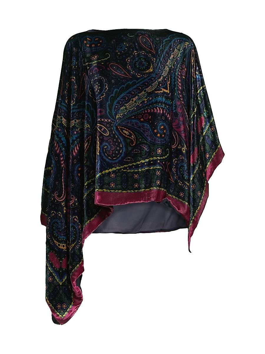 Women's Paisley Velvet Asymmetric Poncho - Blue Multi