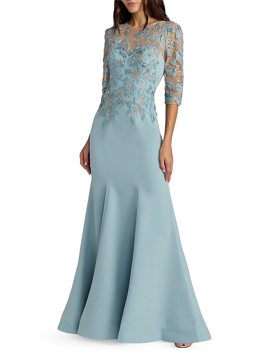 Women's Floral-Embroidered Crepe Mermaid Gown - French Blue - Size 16