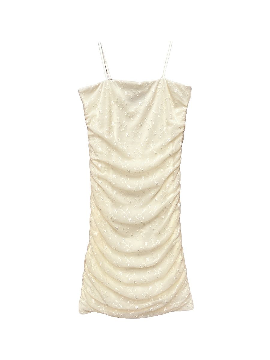 Girl's Floral Mesh Ruched Dress - Cream - Size 16
