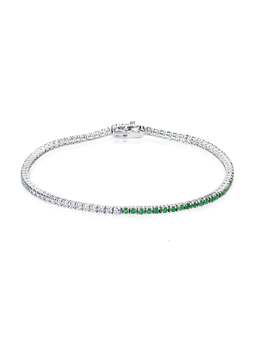 Women's Half & Half 14K White Gold, Emerald, & Diamond Tennis Bracelet - White Gold